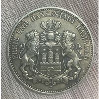 Монета 3 марки 1909 год Гамбург. Германская империя. Серебро