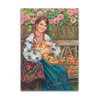 Открытка. Фольклор. Традиции. Девушка. Лето. Яблоки. Яблочный спас. Рыжий кот. Цветы, розы. Художник Е.Буторина (чистая)