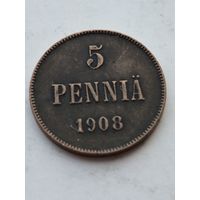 5 пенни 1908 года для Финляндии (Николай II). Монета не чищена. 45188