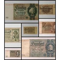 Банкнота 100, 50, 20, 10, 5, 2, 1 рейхсмарок, 1926-1937. Германия. Одним лотом 7 банкнот. С рубля