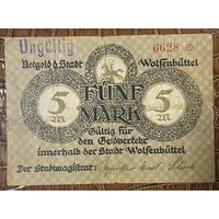 Банкнота 5 марок 1918 год. Вольфенбюттель. Веймарская республика.