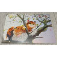 Посткроссинг. Открытка "Кошачьи грёзы", худ.Екатерина Филимонова (10х15). Прошла почту. Художественная марка, чёткий штемпель.