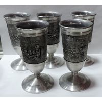 Фужеры с сюжетом 70-е годы Германия. Высота 12.3 см. Олово, цинк. - 5 шт.