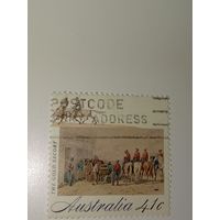 Австралия год 1990. Марка изображает сцену охраны золота, транспортируемого с золотых приисков.