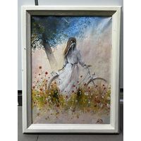 Картина девушка с велосипедом холст масло с рубля