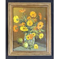 Явич П. М (Ученик Пэна Ю.М) "Натюрморт с календулой", 1968г. Картон, масло. Размер с рамой 53,5х66,5 см.