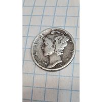 С 1 РУБЛЯ !  МОНЕТА  10 ЦЕНТОВ СЕРЕБРО США 1937 год