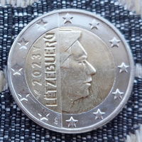 Люксембург 2 евро 2023 года, UNC. Король. Клеймо Гастауер-Клер Иветта. Птица и Посох Меркурия.