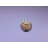 2 лата 1999 года. Латвия. Корова. Биметалл. UNC