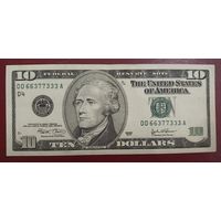 10 долларов США 2003 года, D4, красивый номер. Торг