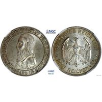 3 рейхсмарки 1927 г. F. Веймарская республика. Германия. NGC MS 63. 450 лет Тюбингенскому университету. Серебро. Очень редкие. 50 тыс. шт. КМ# 54