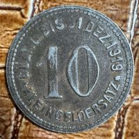 Монета 10 пфеннигов 1919 год. Меттман. Веймарская республика.