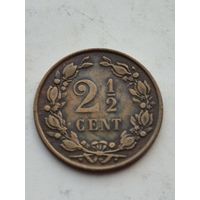 2 1/2 центов 1884 года Нидерланды. Монета не чищена. 45189