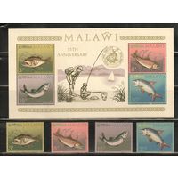 Малави-1974(Мих.212-215,БЛ.35),  ** ,   Морская  Фауна , Рыбы, Рыбалка(полная серия)