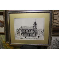 Авторская работа "Костел францисканцев в Гродно" размер по раме 40Х50, картон, карандаш, смешанная техника, оформлена, паспарту, подпись автора на обороте