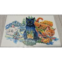 Посткроссинг. Открытка "Сезонные коты", худ.Анна Чеберяк (10х15). Прошла почту. Художественная марка, чёткий штемпель.