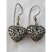 Крупные серьги, серебро 925. Объёмное сердце. Вес 7.6 г