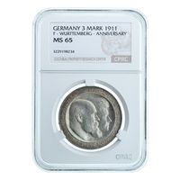 Германия. 3 марки 1911 F слаб CPRC MS65 Top Grade.