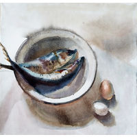 "Натюрморт с рыбой". Акварельная живопись.