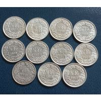 Швейцария 1/2 франка 1920,51,52,56,59,60,62,63,64,65,67...год,Серебро. Без мц