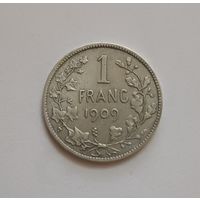 1 франк. 1909 г.835пр., Бельгия. Король Леопольд II. Не чищена.