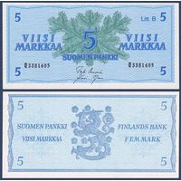 Финляндия, 5 марок 1963 г., P-106Aa(21) (Q, Litt. B, хвойная ветка), UNC