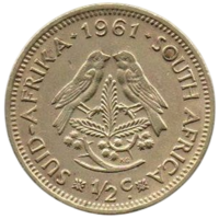 РЕСПУБЛИКА ЮЖНАЯ АФРИКА. ЮАР.  1/2 ЦЕНТА 1961. ФАУНА. ПТИЦЫ.