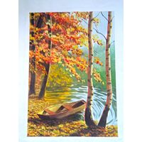 Картина осень река пейзаж березы акварель