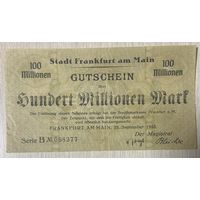 Банкнота 100 миллионов марок 1923 год. Франкфурт на Майне. Веймарская республика. С рубля без МЦ.