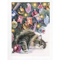 Открытка. Фауна. Животные. Кот. Коты. Котики. Зима. Ёлочка. С новым годом! Игрушки на елку.Худ. Т.Хазова (чистая)