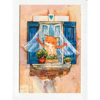 Открытка. Фауна. Животные. Лисы. Лисички. Лиззи. Доброе утро!. Окна. Цветы. Лето. Худож. Е.Чистотина (чистая)