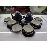 С 1 рубля!!! Сервиз антикварный/винтажный чайный, фарфор, крытье кобальтом, Ленинградский фарфоровый завод ЛФЗ, СССР. Нет тарелочки под масленицу и 1 тарелка, трещина.