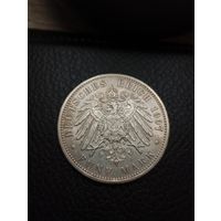 5 марок 1907. XF+ (А-Берлин). Остатки блеска,детализация. Серебро 0,900. С рубля,без мц!