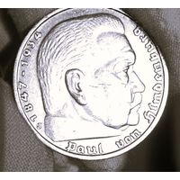 5 марок 1935, Гинденбург (Гамбург, тираж меньше), серебро, отличная! в коллекцию!