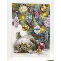 Открытка. Фауна. Животные. Кот. Коты. Котики. Зима. Ёлочка. С новым годом! Игрушки на елку. Худ. Т.Хазова (чистая)