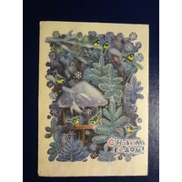 С Новым годом!  1970 г.  Кормушка, синички.  подписанная.