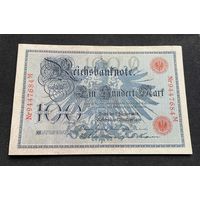 100 марок 1908 год / Германская империя банкнота тип 1883 года Blauer Hunderter / номер семь знаков, красная печать (2)
