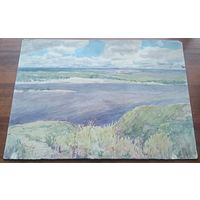 Картина акварель пейзаж 1960 река СССР