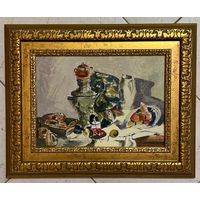 Казак О.И "У самовара", 1971г. Картон, масло. Размер 30х21.5 см.