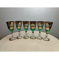 Все лоты с 1 Рубля. Комплект Рюмок. Неман. Позолота, зеленое стекло.