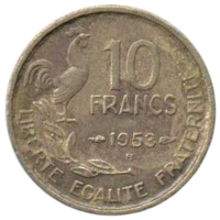 ФРАНЦУЗСКАЯ РЕСПУБЛИКА. 10 ФРАНКОВ 1953 В (Бомон-ле-Роже). ПЕТУХ