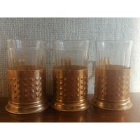 Подстаканники алюминевые 3 штуки+стаканы, СССР.