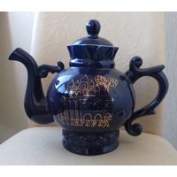 Все лоты с рубля.Чайник Новгород,позолота,кобальт,ручная роспись,Бронницы,з-д Возрождение.СССР,h-20 см.