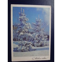 С Новым годом!  1971 г.  Ели в снегу.  подписанная.