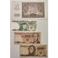 100 злотых 1940г + 50 злотых 1988г UNC + 100 злотых 1986г + 500 злотых 1982г (распродажа коллекции).