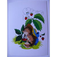 Современная открытка, Ежик, земляника; чистая.