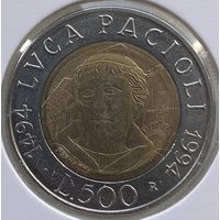 Италия 500 лир 1994 г. 500 лет со дня рождения Луки Пачоли. В холдере