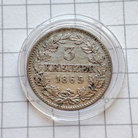 Королевство Бавария 3 крейцера 1865 год серебро.
