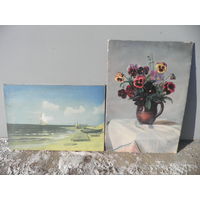 Картина пейзаж и натюрморт,репродукции на ткани и картоне 70-е г.С рубля.